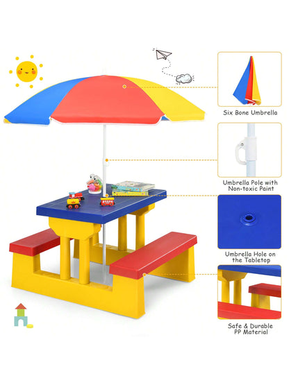 Kids Picnic Table Set With Removable Umbrella Indoor Outdoor Garden Patio Multicolor/Green