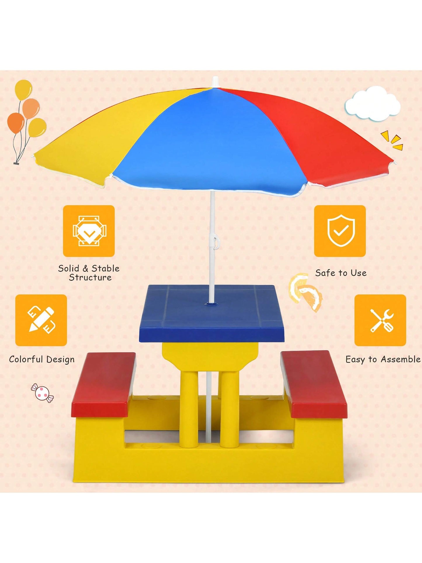 Kids Picnic Table Set With Removable Umbrella Indoor Outdoor Garden Patio Multicolor/Green