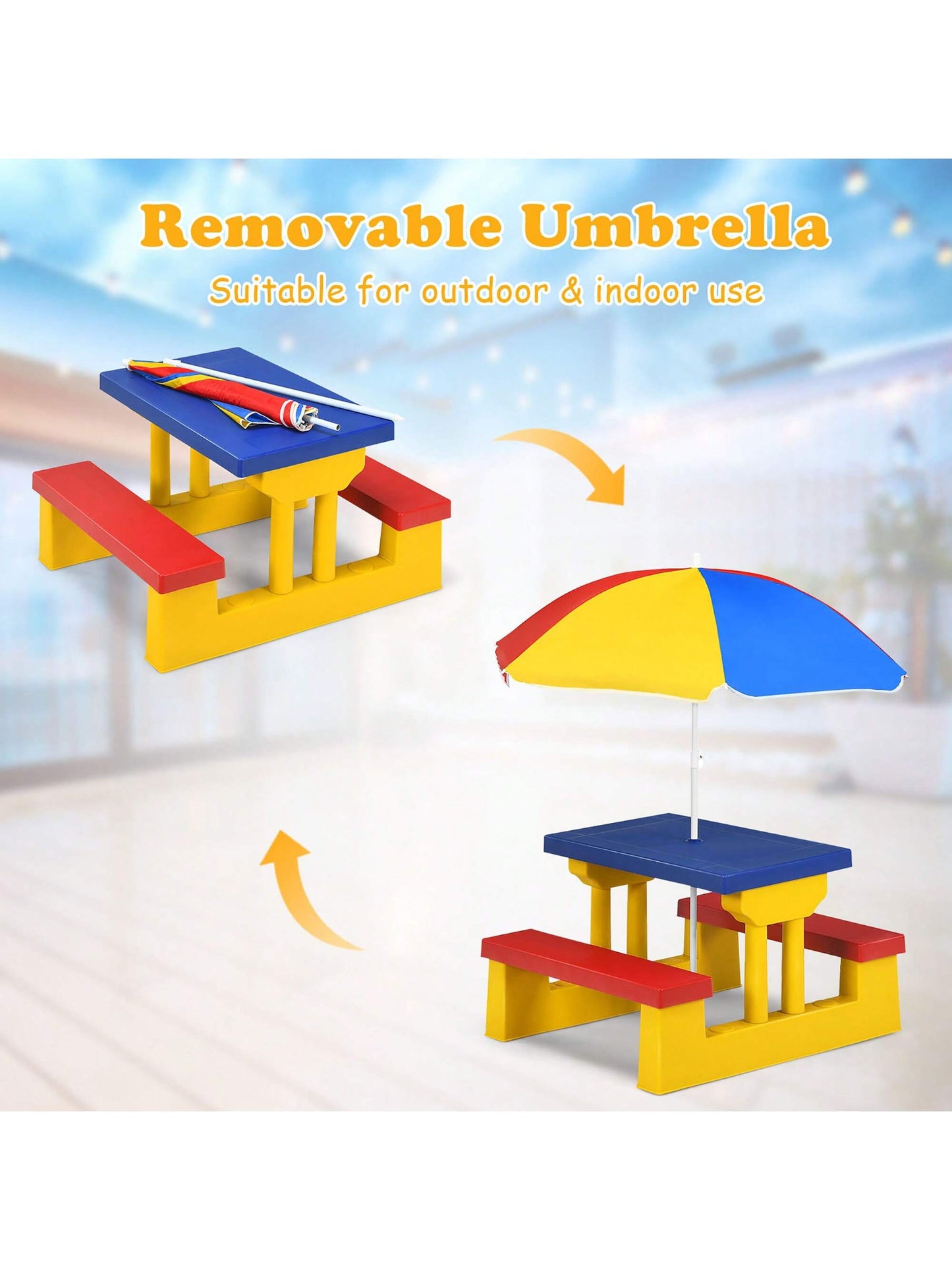 Kids Picnic Table Set With Removable Umbrella Indoor Outdoor Garden Patio Multicolor/Green