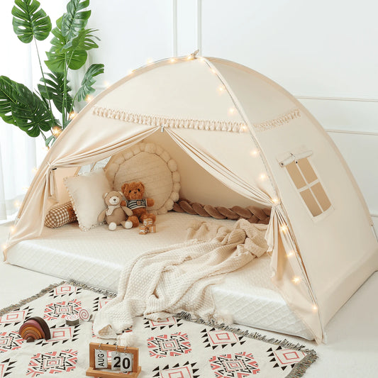 Kids Twin Size Bed Tent With Lights & Flags- Portable Foldable Canopy For Toddler Beds, Indoor Playhouse, Privacy Space For Boys & Girls, Perfect Gift For Bedroom Decor