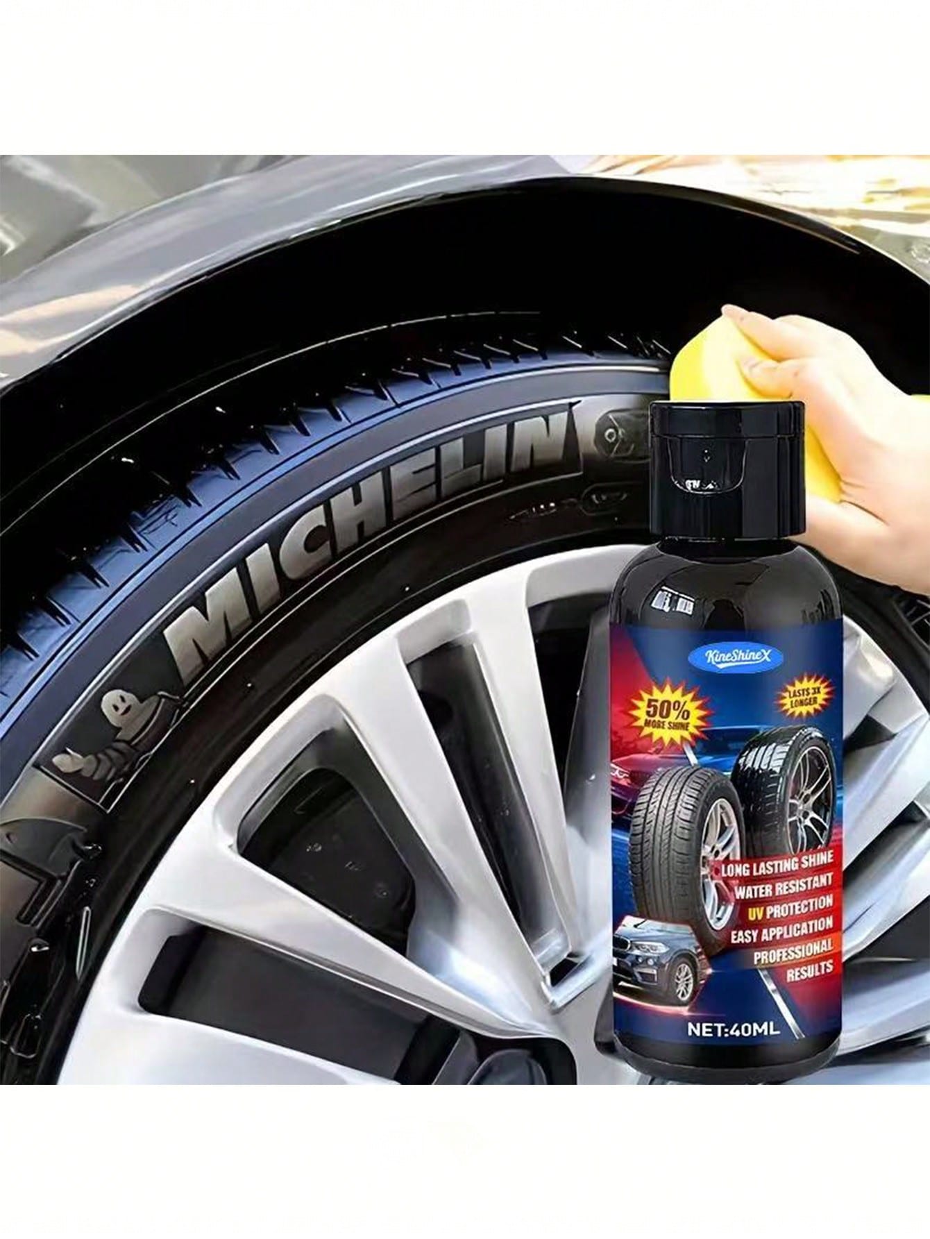 KineShineX Tire Gloss, Tire Blackener, Durable Anti-Aging Agent, Tire Polish, Tire Care Cream, Polishing Agent, Car Paint Repair Agent And Car Parts. Thick And Thin Sponges Shipped Randomly.