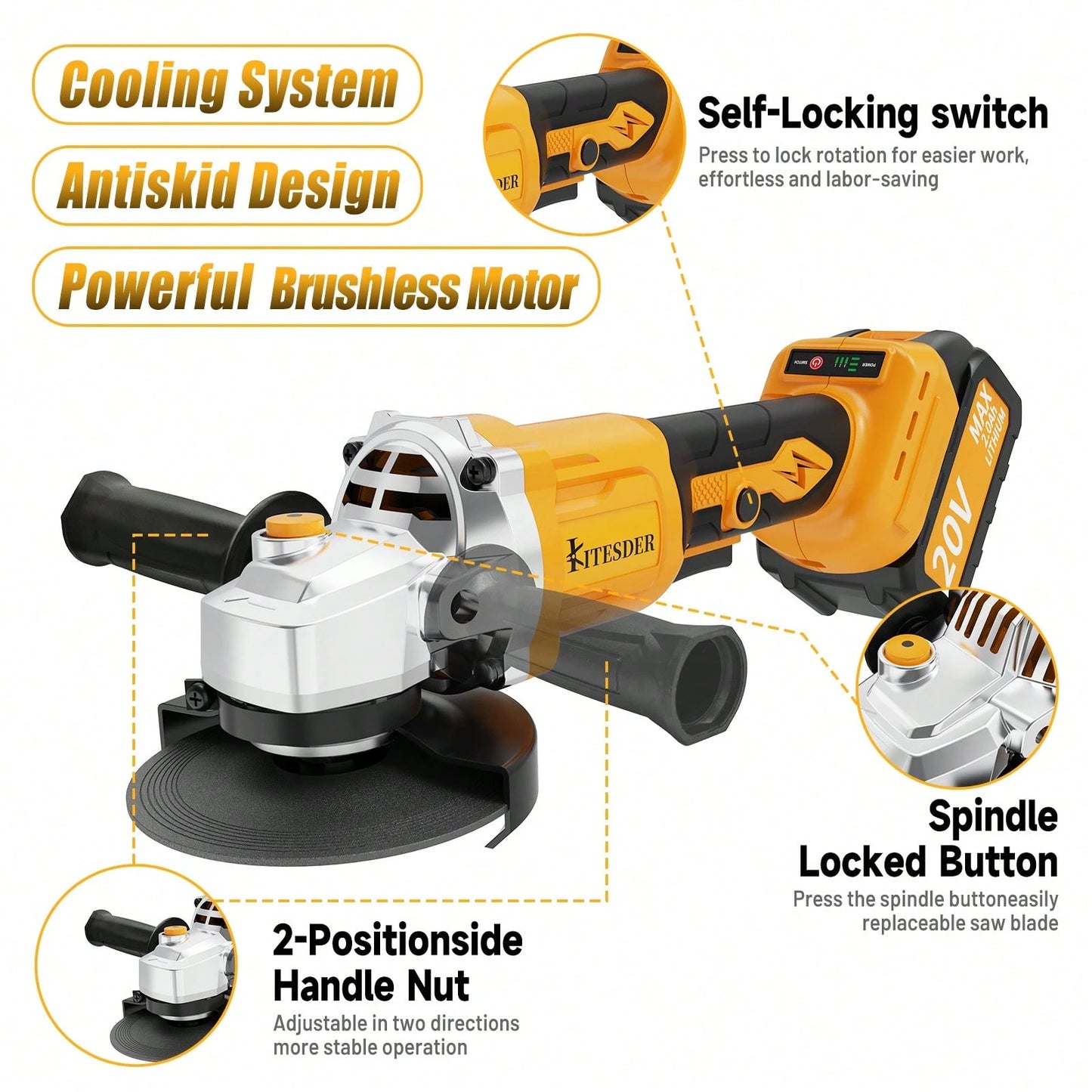 KITESDER 20V Cordless Electric Grinder Tools 500W,2-Position Side Handle Brushless Motor, 9000 RPM, With 4.0Ah Battery &Charger,Grinding And Cutting Wheels, Power Adjustable 3-Speed With Digital Disp