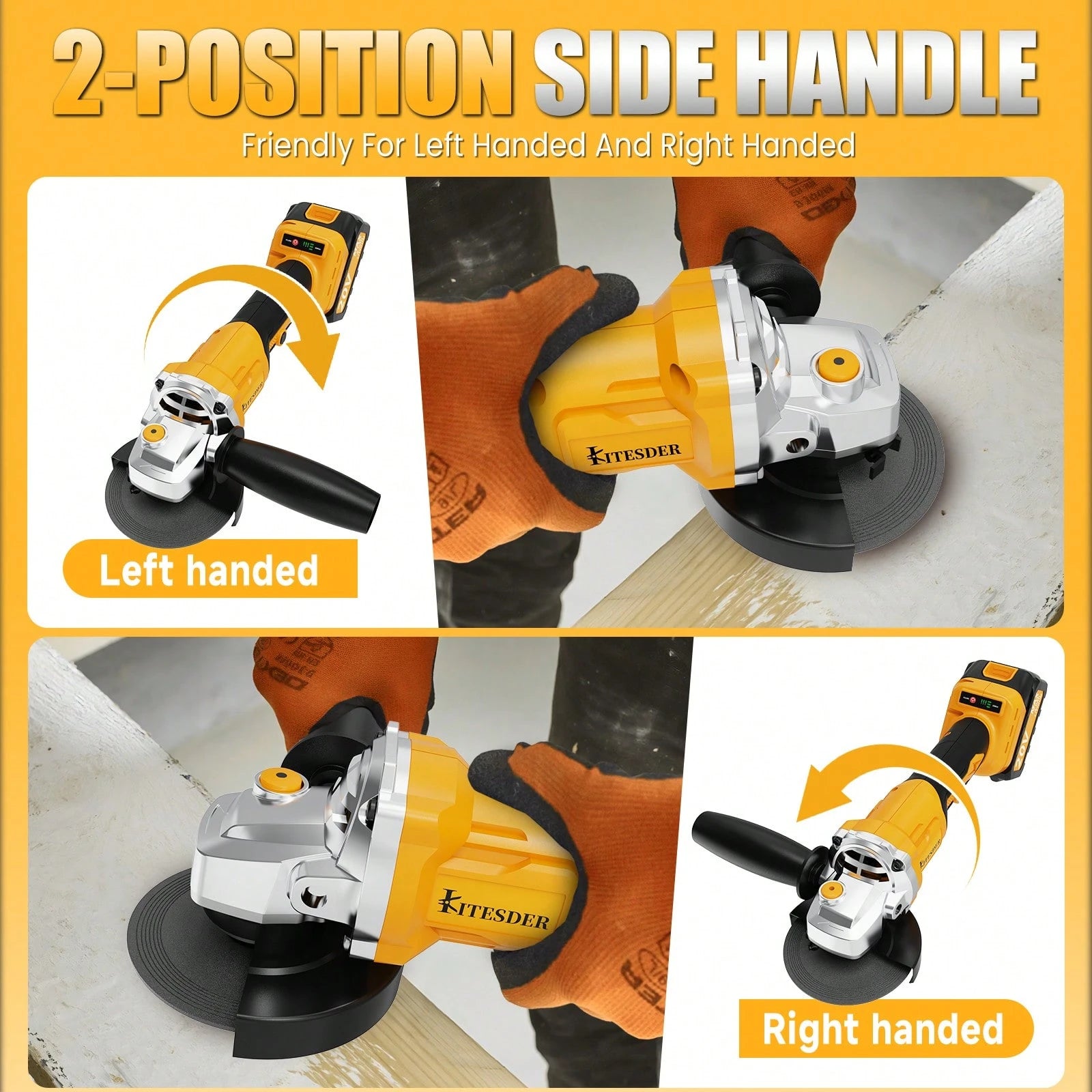 KITESDER 20V Cordless Electric Grinder Tools 500W,2-Position Side Handle Brushless Motor, 9000 RPM, With 4.0Ah Battery &Charger,Grinding And Cutting Wheels, Power Adjustable 3-Speed With Digital Disp
