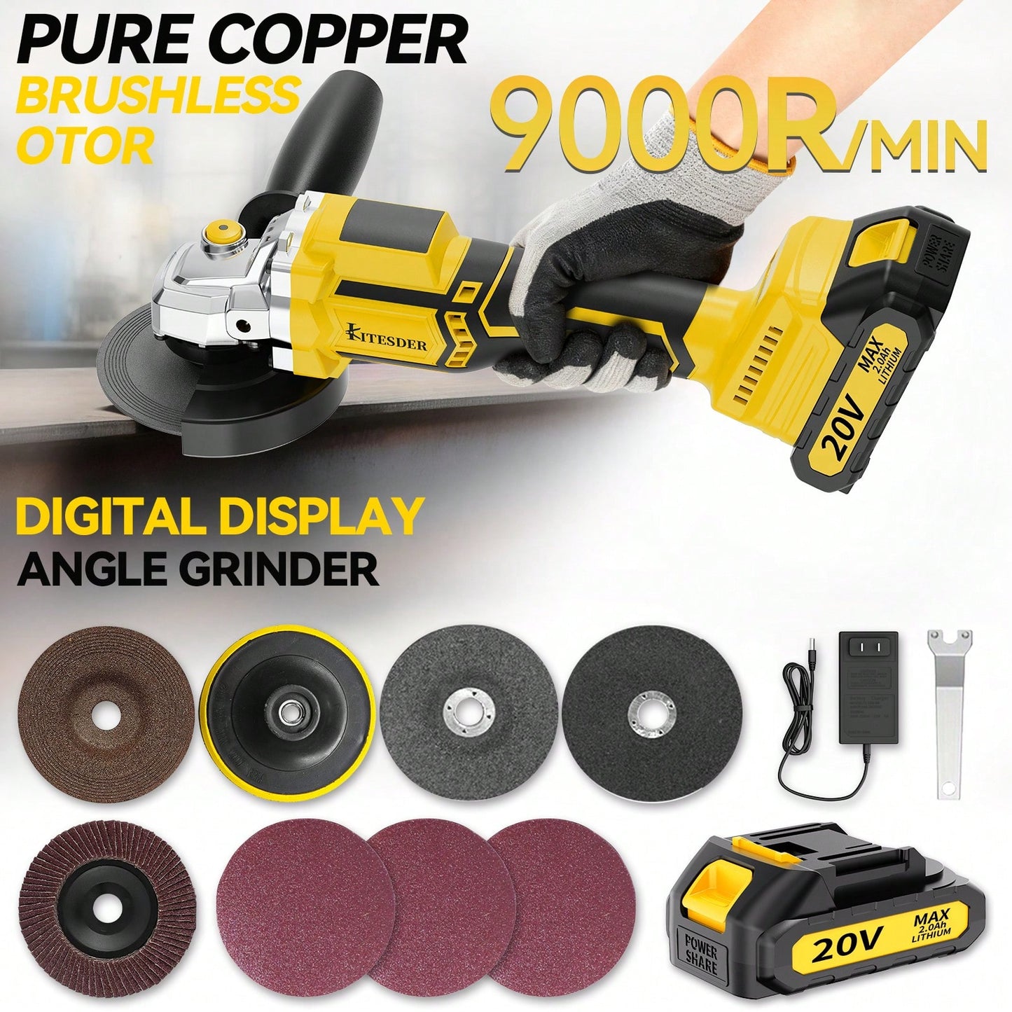 KITESDER 20V Cordless Electric Grinder Tools 500W,2-Position Side Handle Brushless Motor, 9000 RPM, With 4.0Ah Battery &Charger,Grinding And Cutting Wheels, Power Adjustable 3-Speed With Digital Disp