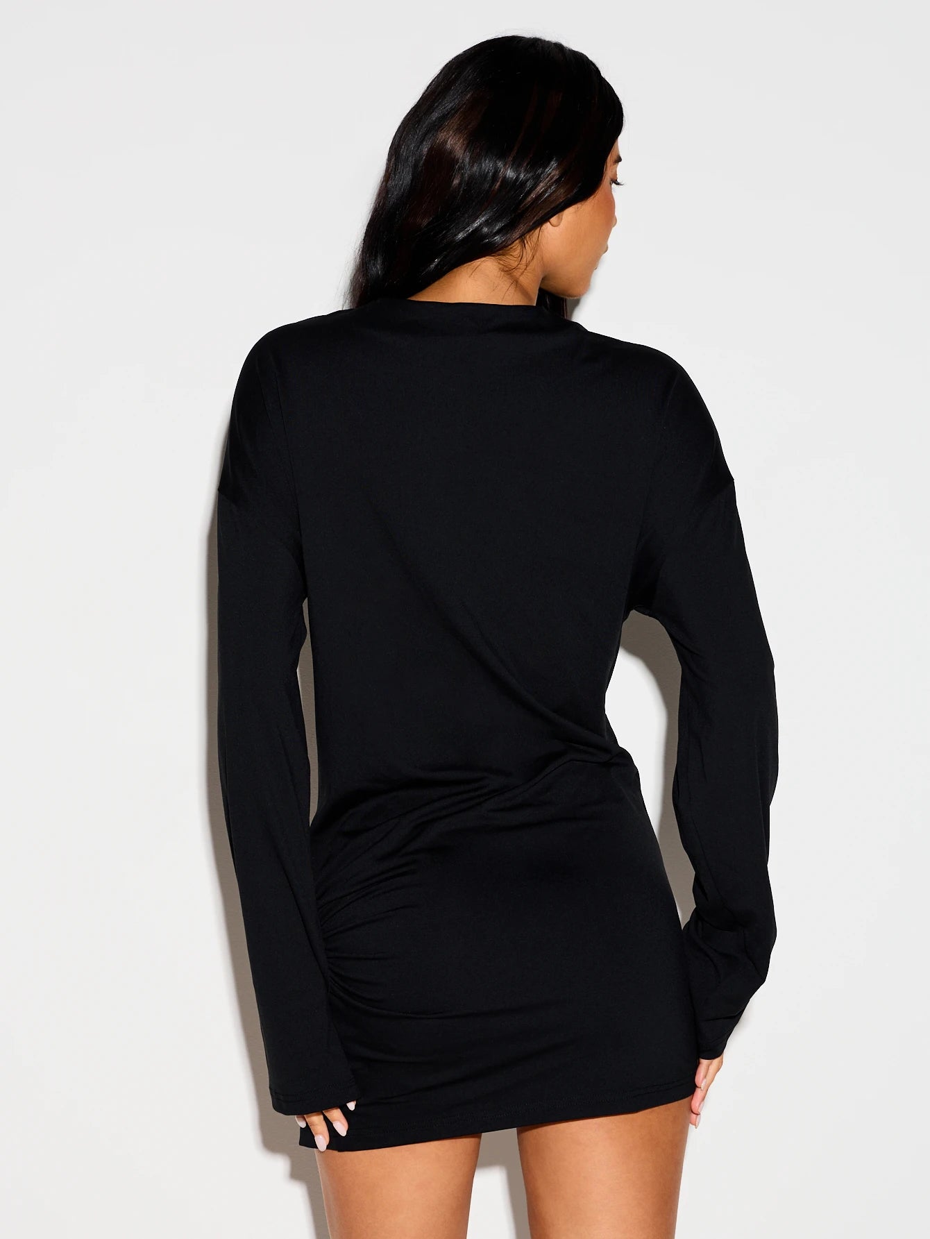 KIZN Long Sleeve Mini T-Shirt Dress With Gold Metal Ring Trim Detail, Ruched Skirt, Crew Neck, Party Night Out