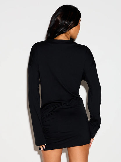 KIZN Long Sleeve Mini T-Shirt Dress With Gold Metal Ring Trim Detail, Ruched Skirt, Crew Neck, Party Night Out