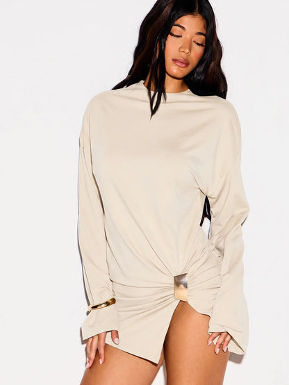 KIZN Long Sleeve Mini T-Shirt Dress With Gold Metal Ring Trim Detail, Ruched Skirt, Crew Neck, Party Night Out
