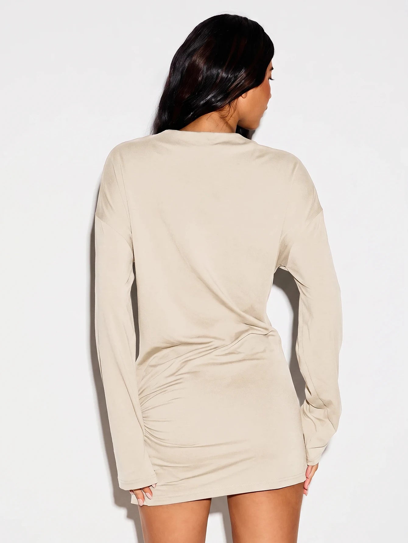 KIZN Long Sleeve Mini T-Shirt Dress With Gold Metal Ring Trim Detail, Ruched Skirt, Crew Neck, Party Night Out