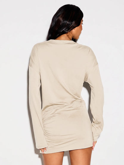 KIZN Long Sleeve Mini T-Shirt Dress With Gold Metal Ring Trim Detail, Ruched Skirt, Crew Neck, Party Night Out