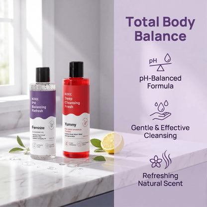 KOEC Women's Daily Cleansing Combo Set, Korea Bath & Intimate Care Kit With PH Balanced Feminine Wash 150ml And Refreshing Body Wash 180ml, Mild Cleansing For Full Body Use, Thoughtful Lifestyle Prese