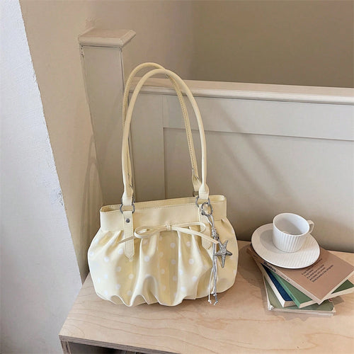Korean Style Polka Dot Pleated Shoulder Bag For Women, Large Capacity Crossbody Tote Handbag For Commuting And Daily Use