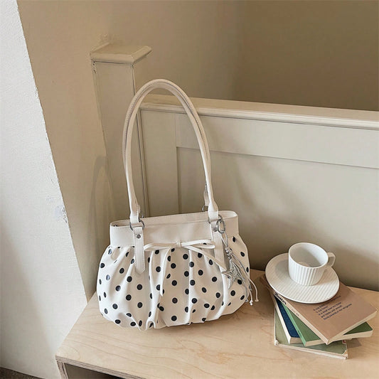 Korean Style Polka Dot Pleated Shoulder Bag For Women, Large Capacity Crossbody Tote Handbag For Commuting And Daily Use