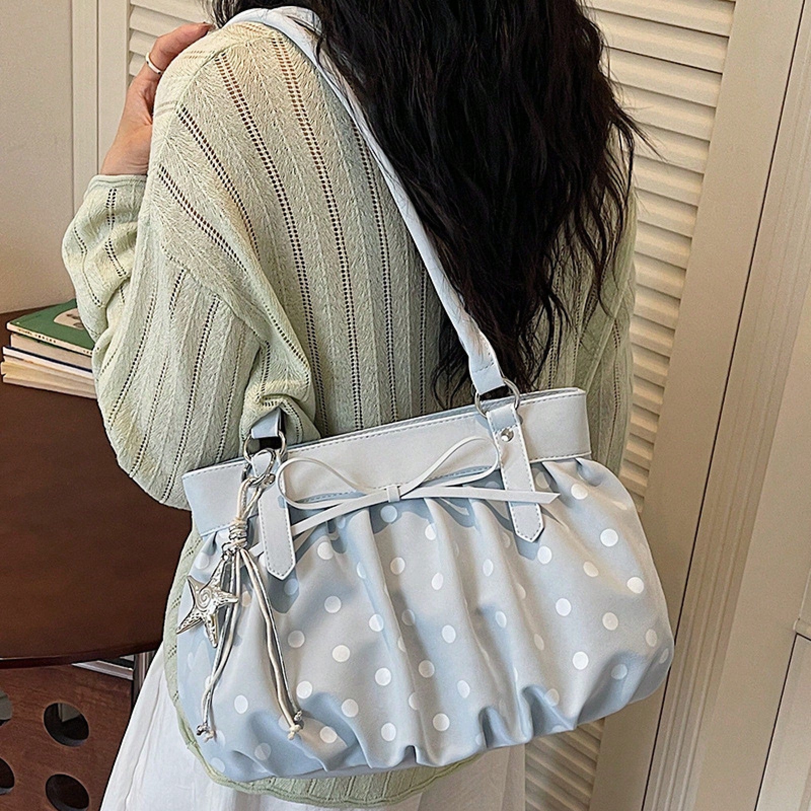 Korean Style Polka Dot Pleated Shoulder Bag For Women, Large Capacity Crossbody Tote Handbag For Commuting And Daily Use