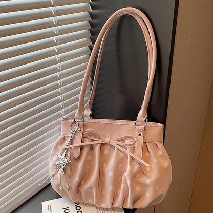 Korean Style Polka Dot Pleated Shoulder Bag For Women, Large Capacity Crossbody Tote Handbag For Commuting And Daily Use