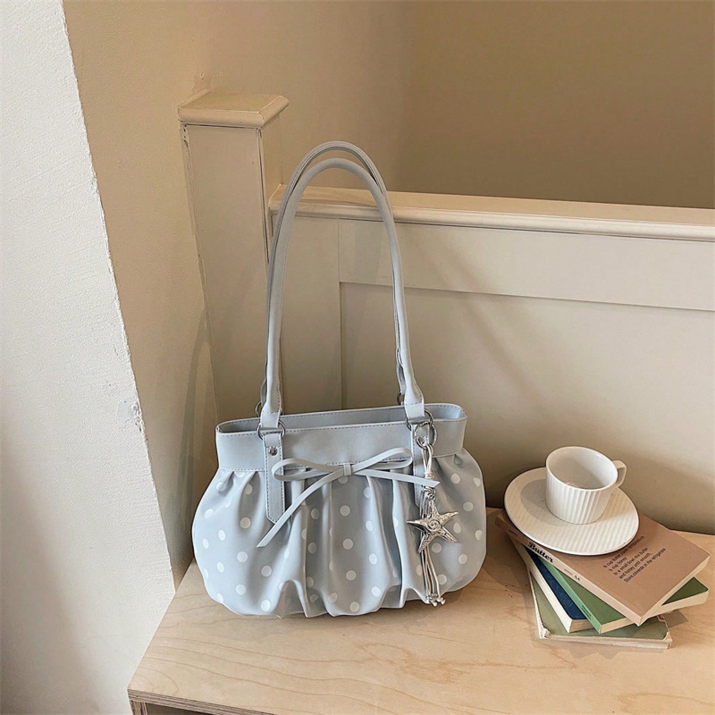 Korean Style Polka Dot Pleated Shoulder Bag For Women, Large Capacity Crossbody Tote Handbag For Commuting And Daily Use