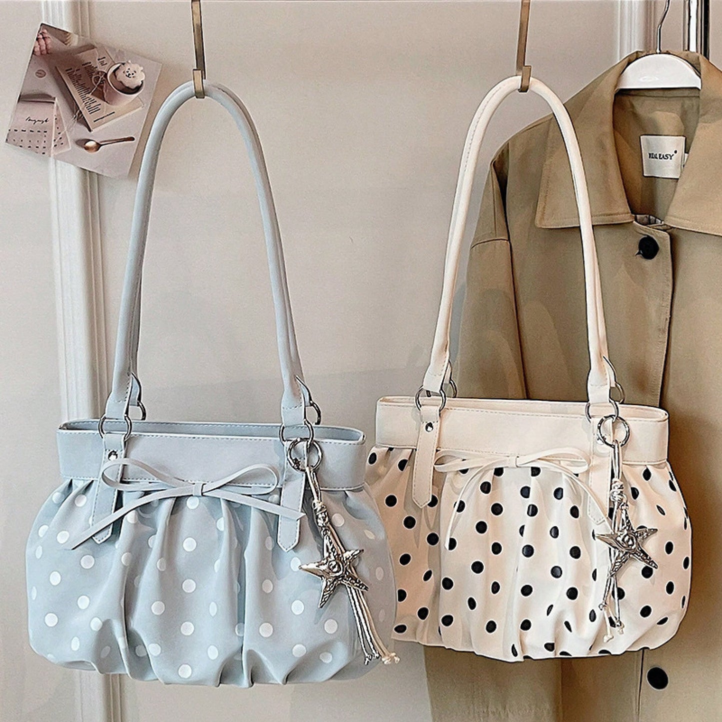 Korean Style Polka Dot Pleated Shoulder Bag For Women, Large Capacity Crossbody Tote Handbag For Commuting And Daily Use