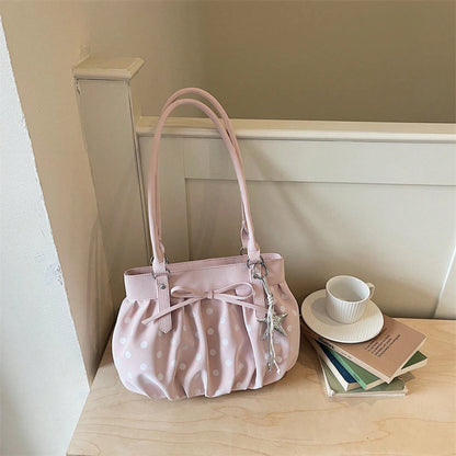 Korean Style Polka Dot Pleated Shoulder Bag For Women, Large Capacity Crossbody Tote Handbag For Commuting And Daily Use