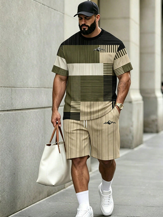 KRYTIVO Plus Size Graffiti Set For Men, Black & Orange Contrast King Print Short Sleeve & Shorts 2-Piece Set, Loose Fit Slimming American Street Casual Sportswear