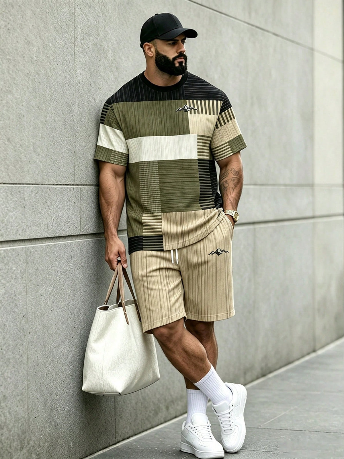 KRYTIVO Plus Size Graffiti Set For Men, Black & Orange Contrast King Print Short Sleeve & Shorts 2-Piece Set, Loose Fit Slimming American Street Casual Sportswear