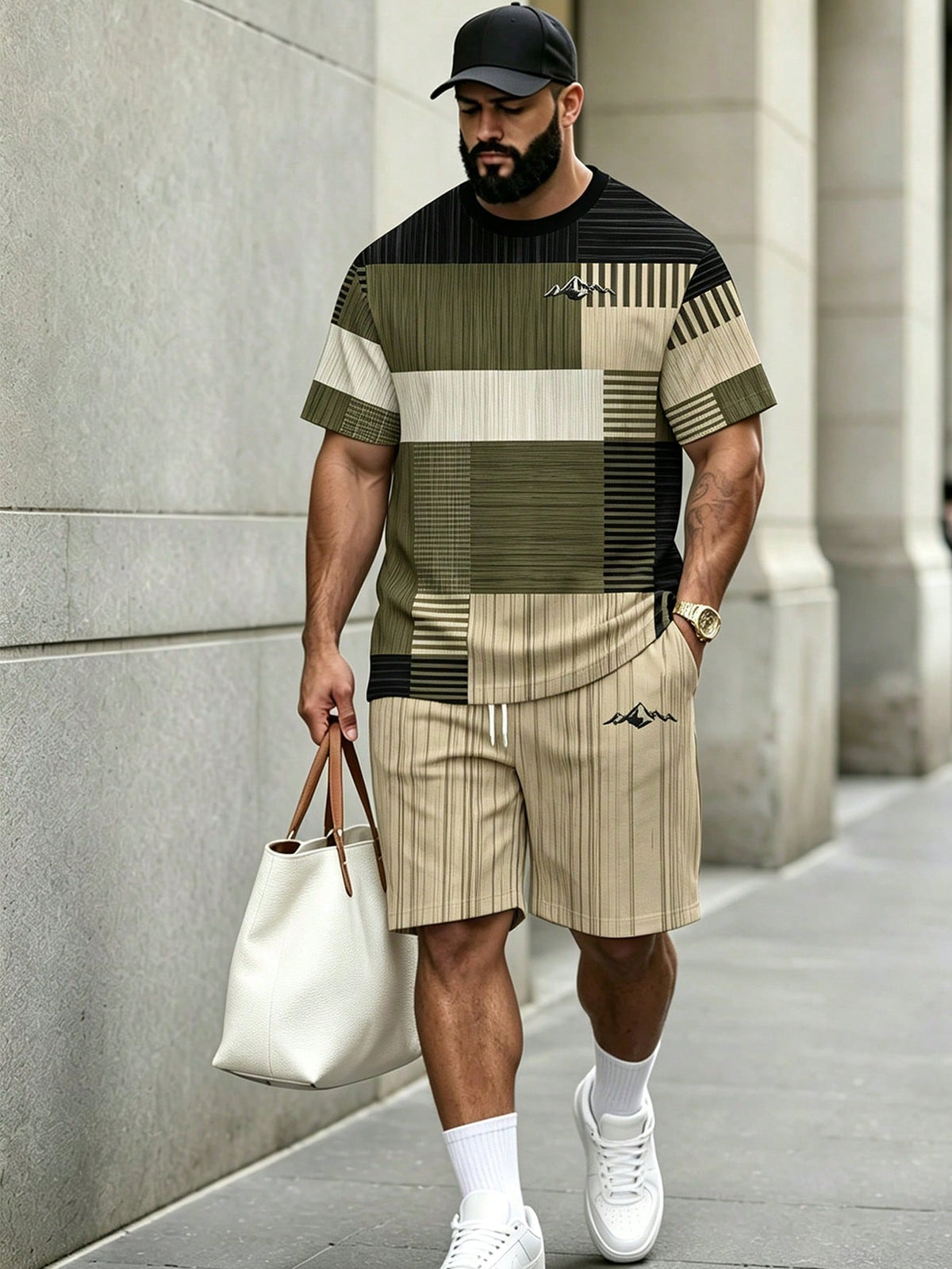 KRYTIVO Plus Size Graffiti Set For Men, Black & Orange Contrast King Print Short Sleeve & Shorts 2-Piece Set, Loose Fit Slimming American Street Casual Sportswear