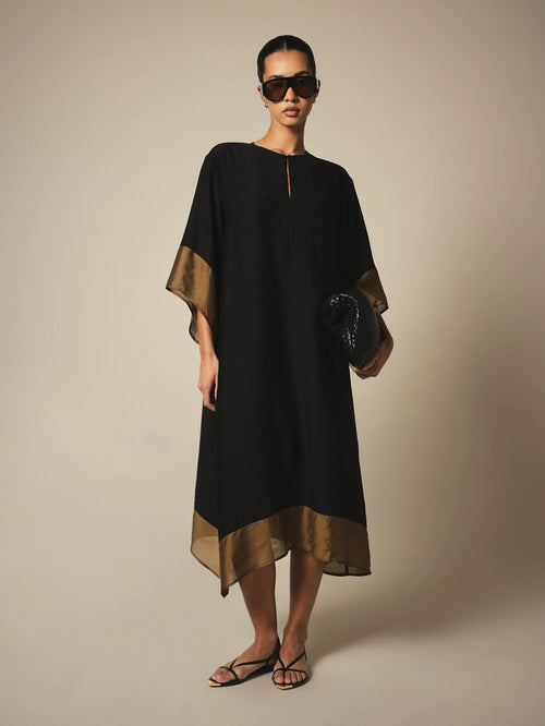 KSTM Kaftan Midi Cover-Up Dress With Gold Contrast Border Trim, Keyhole Neckline, And Flowy Batwing Sleeves