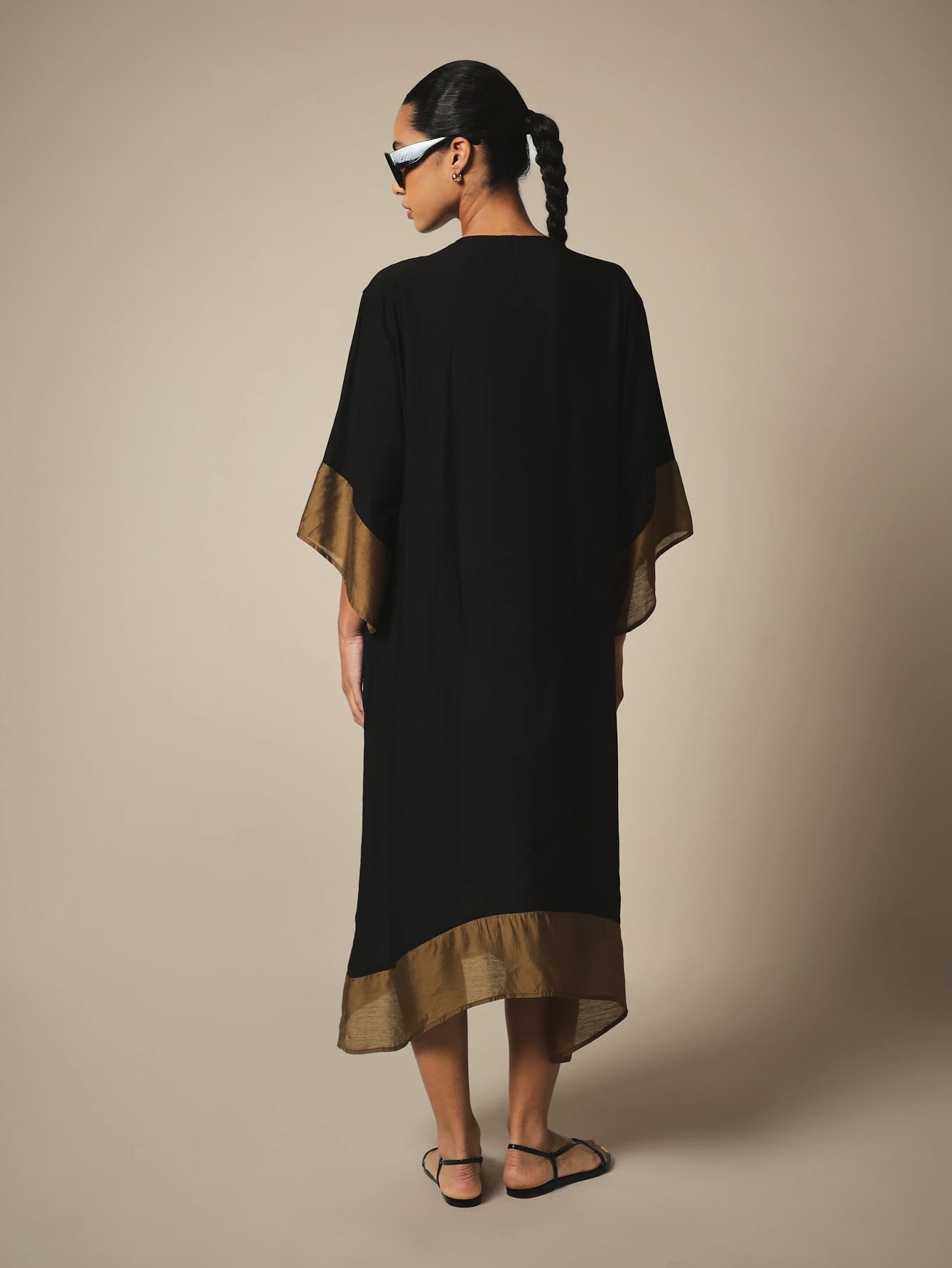 KSTM Kaftan Midi Cover-Up Dress With Gold Contrast Border Trim, Keyhole Neckline, And Flowy Batwing Sleeves