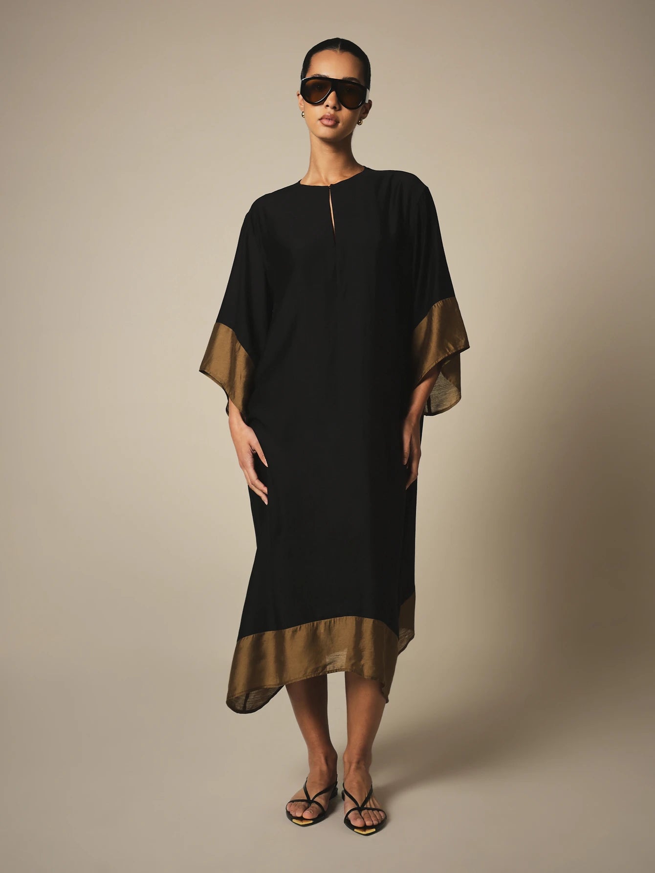 KSTM Kaftan Midi Cover-Up Dress With Gold Contrast Border Trim, Keyhole Neckline, And Flowy Batwing Sleeves