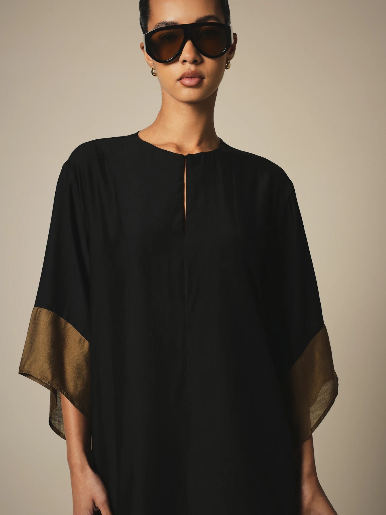 KSTM Kaftan Midi Cover-Up Dress With Gold Contrast Border Trim, Keyhole Neckline, And Flowy Batwing Sleeves