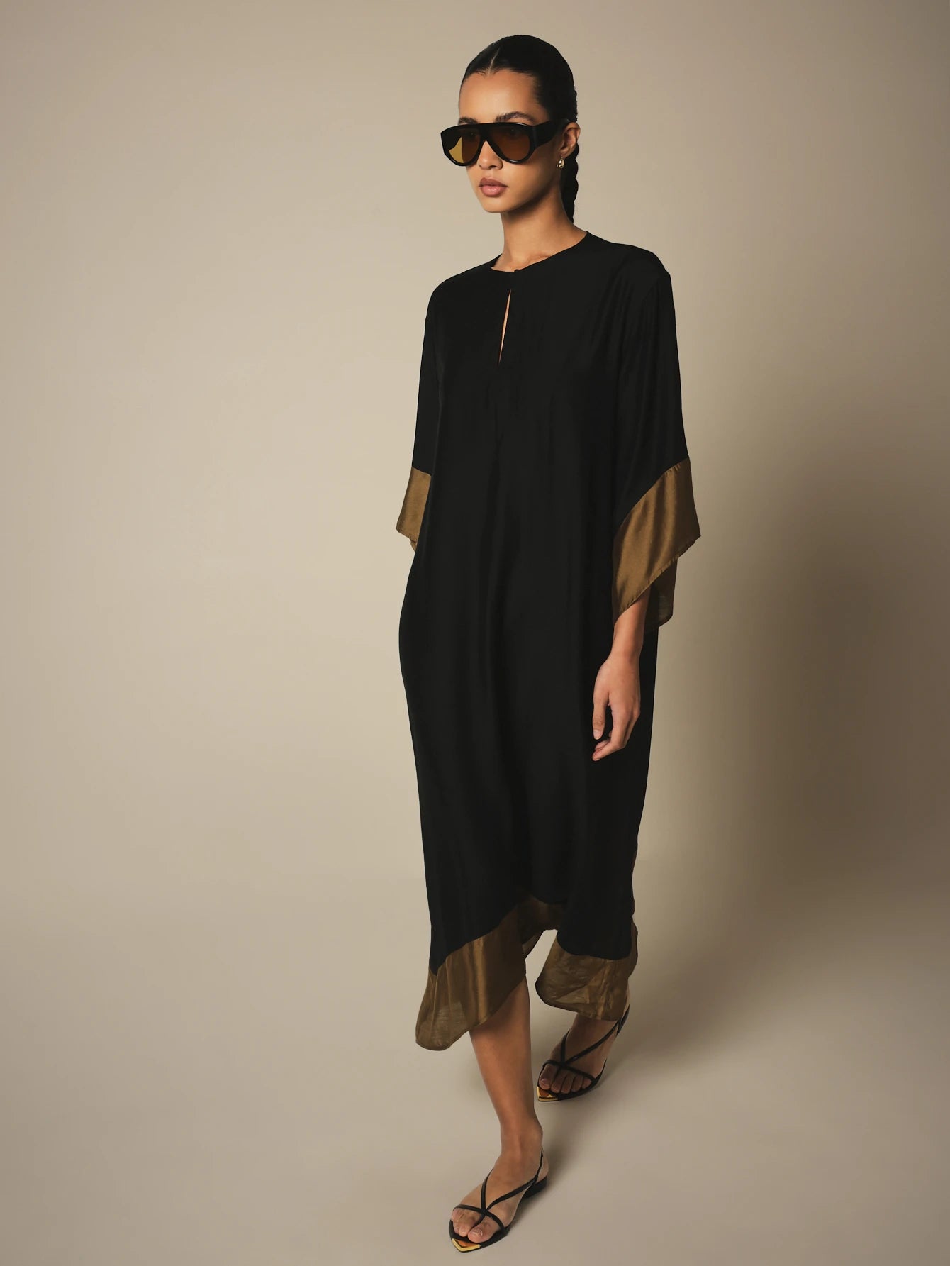 KSTM Kaftan Midi Cover-Up Dress With Gold Contrast Border Trim, Keyhole Neckline, And Flowy Batwing Sleeves