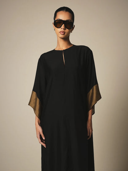 KSTM Kaftan Midi Cover-Up Dress With Gold Contrast Border Trim, Keyhole Neckline, And Flowy Batwing Sleeves