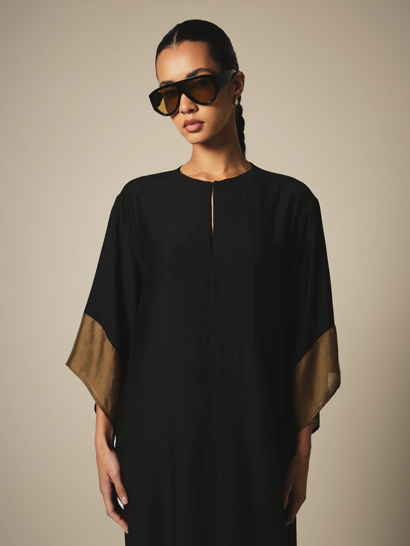 KSTM Kaftan Midi Cover-Up Dress With Gold Contrast Border Trim, Keyhole Neckline, And Flowy Batwing Sleeves