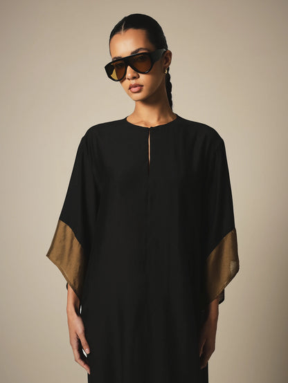 KSTM Kaftan Midi Cover-Up Dress With Gold Contrast Border Trim, Keyhole Neckline, And Flowy Batwing Sleeves