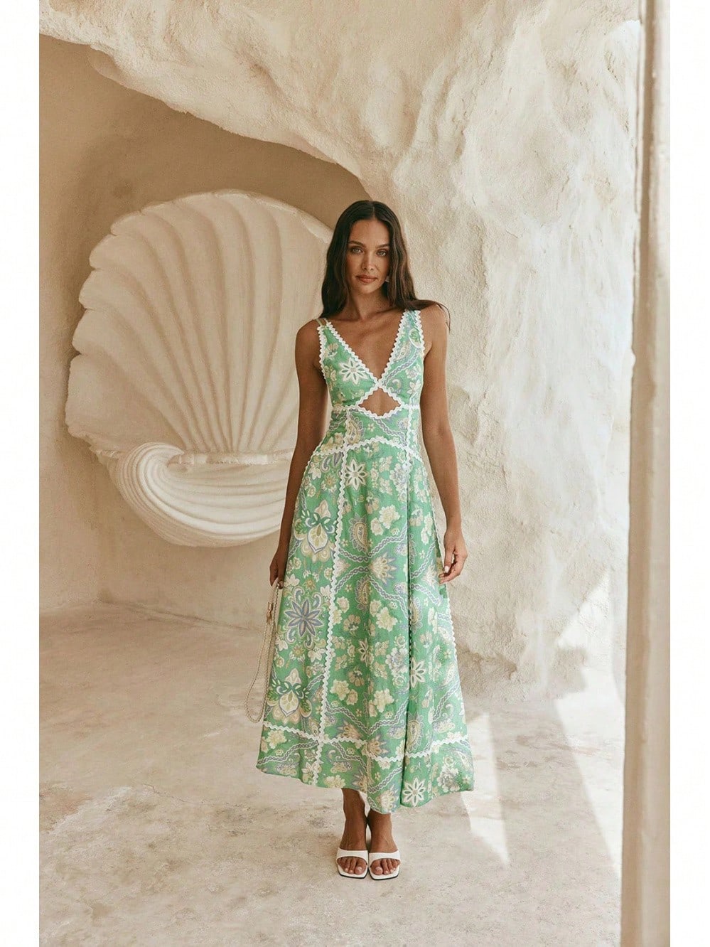 KZKZWK Paisley Print A-Line Sundress, V-Neck With Waist Cutout & Lace Trim, Casual Dress For Summer & Resort Wear