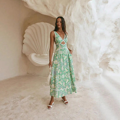 KZKZWK Paisley Print A-Line Sundress, V-Neck With Waist Cutout & Lace Trim, Casual Dress For Summer & Resort Wear