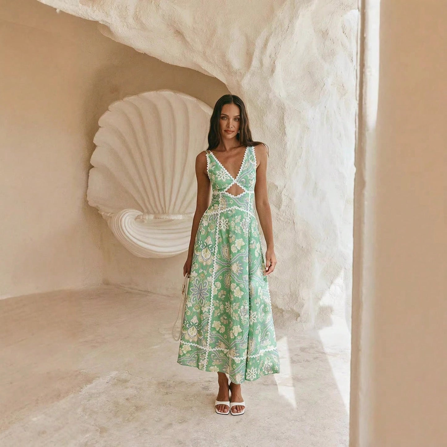 KZKZWK Paisley Print A-Line Sundress, V-Neck With Waist Cutout & Lace Trim, Casual Dress For Summer & Resort Wear