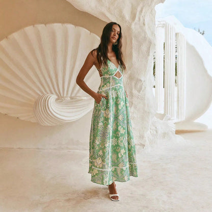 KZKZWK Paisley Print A-Line Sundress, V-Neck With Waist Cutout & Lace Trim, Casual Dress For Summer & Resort Wear