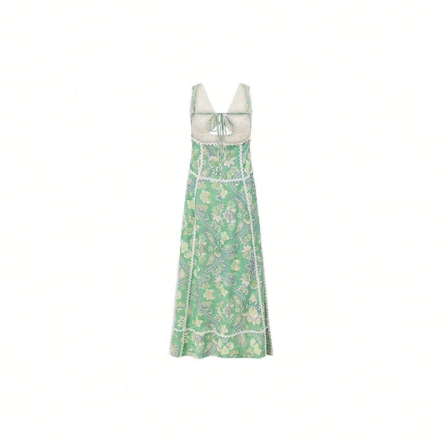 KZKZWK Paisley Print A-Line Sundress, V-Neck With Waist Cutout & Lace Trim, Casual Dress For Summer & Resort Wear