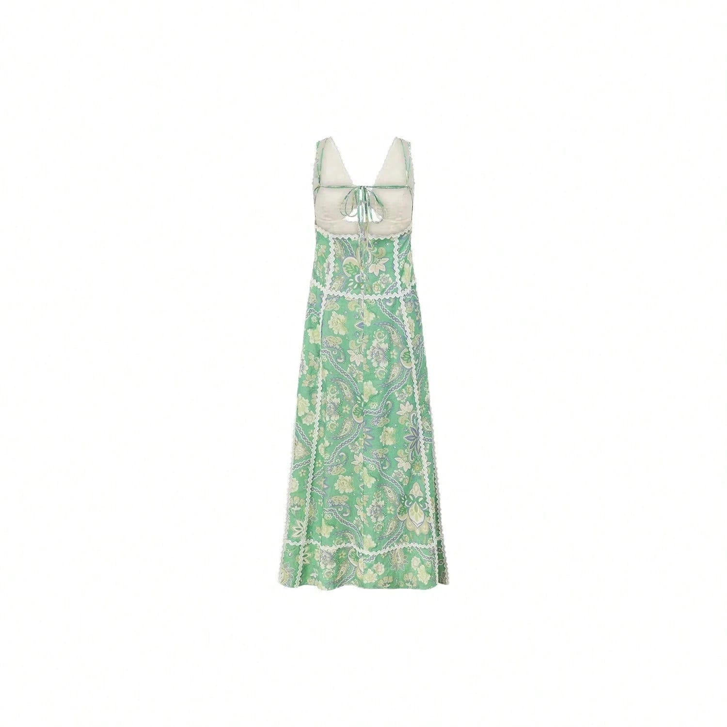 KZKZWK Paisley Print A-Line Sundress, V-Neck With Waist Cutout & Lace Trim, Casual Dress For Summer & Resort Wear