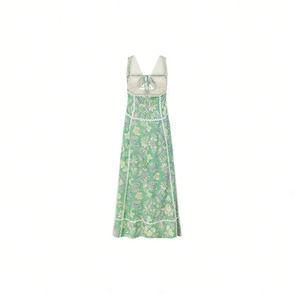KZKZWK Paisley Print A-Line Sundress, V-Neck With Waist Cutout & Lace Trim, Casual Dress For Summer & Resort Wear