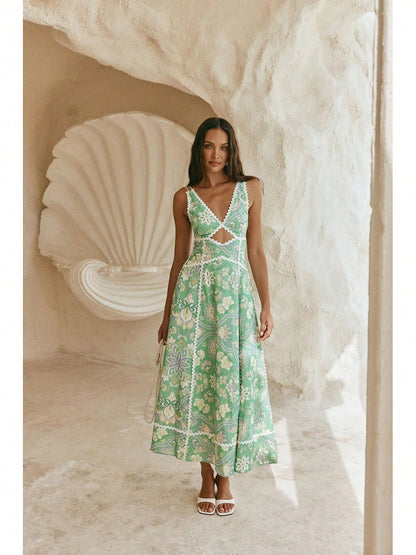 KZKZWK Paisley Print A-Line Sundress, V-Neck With Waist Cutout & Lace Trim, Casual Dress For Summer & Resort Wear