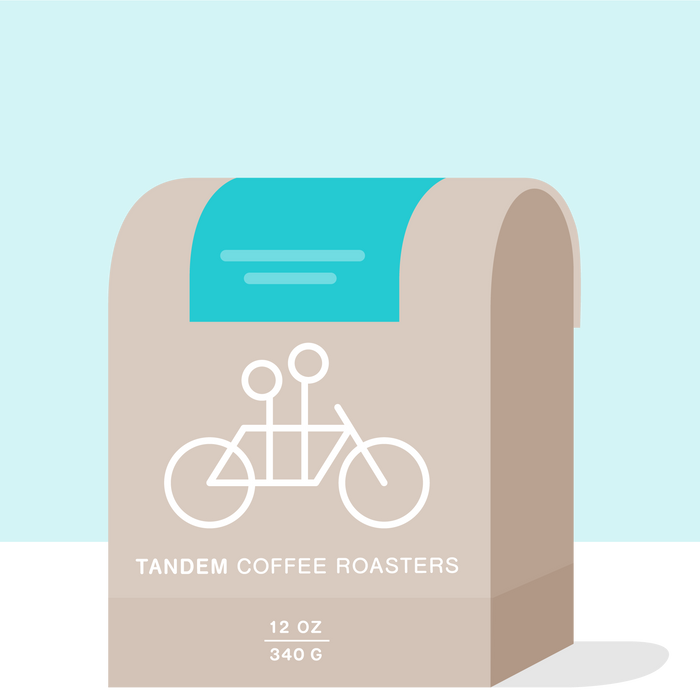 La Piramide Colombia packaging with turquoise backdrop beige curves and Tandem branding