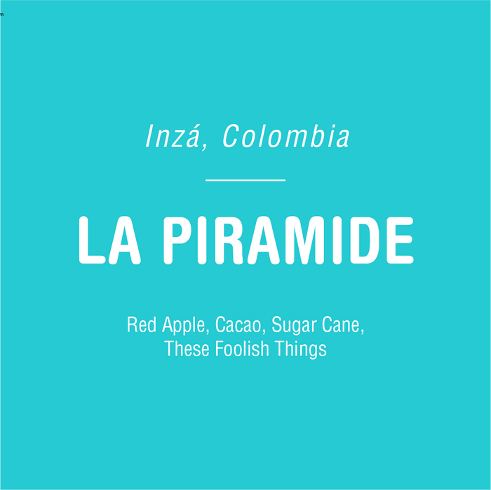 La Piramide coffee package on turquoise background with large LA PIRAMIDE text and origin notes