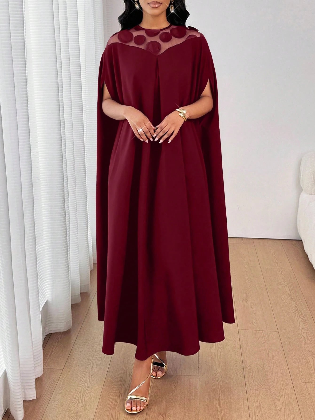 Lady 2025 New Women's Patchwork Round Sequin Mesh Batwing Sleeve Loose Fashion Burgundy Dress New Year Outfit Christmas Women's Clothing