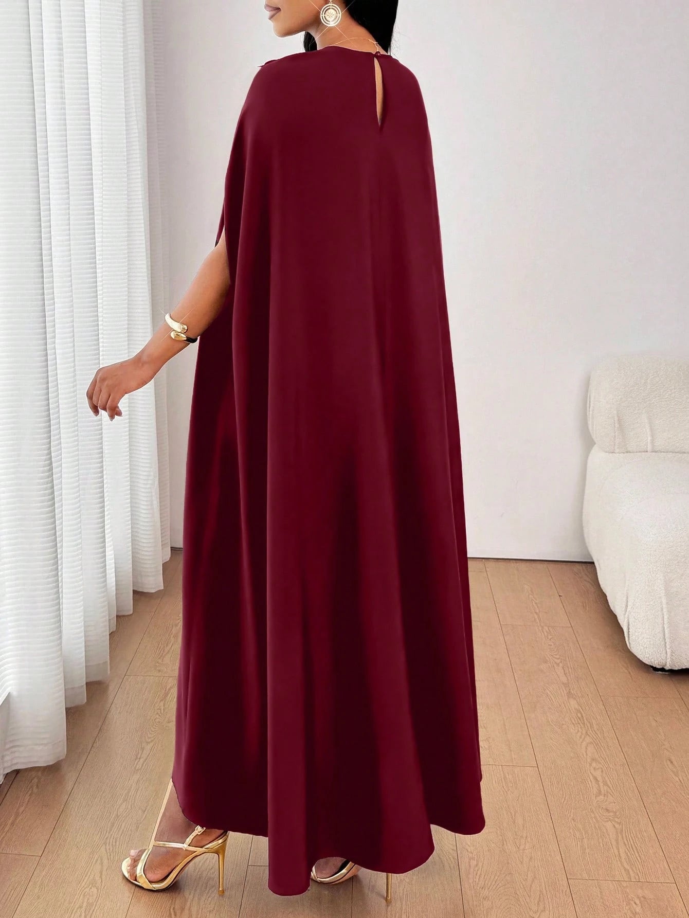 Lady 2025 New Women's Patchwork Round Sequin Mesh Batwing Sleeve Loose Fashion Burgundy Dress New Year Outfit Christmas Women's Clothing