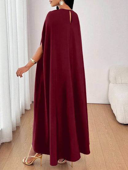 Lady 2025 New Women's Patchwork Round Sequin Mesh Batwing Sleeve Loose Fashion Burgundy Dress New Year Outfit Christmas Women's Clothing