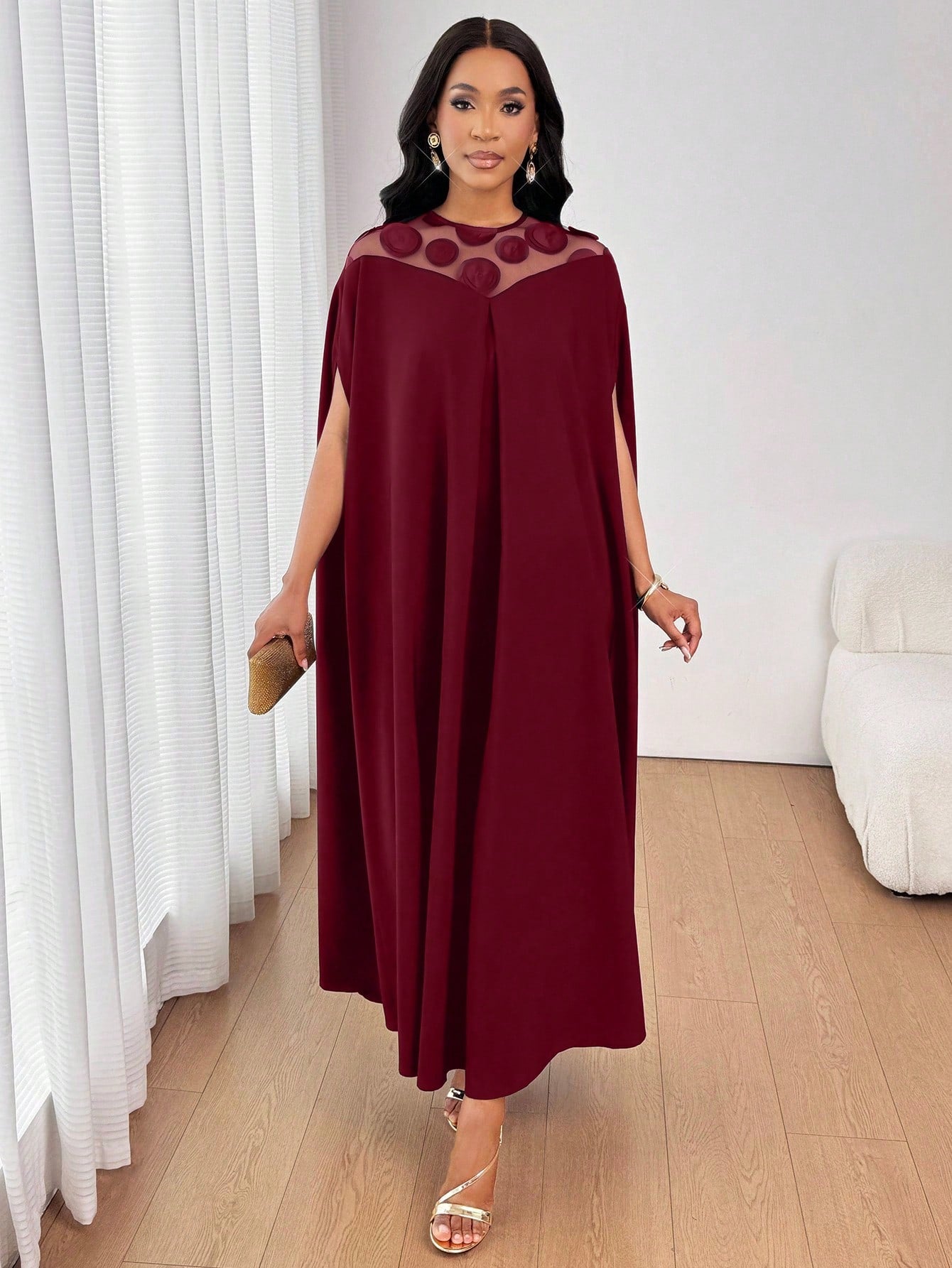 Lady 2025 New Women's Patchwork Round Sequin Mesh Batwing Sleeve Loose Fashion Burgundy Dress New Year Outfit Christmas Women's Clothing