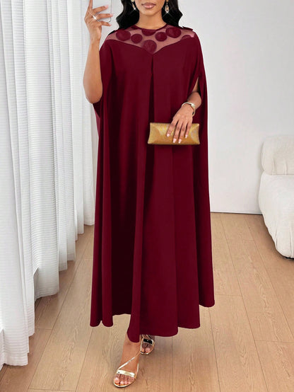 Lady 2025 New Women's Patchwork Round Sequin Mesh Batwing Sleeve Loose Fashion Burgundy Dress New Year Outfit Christmas Women's Clothing