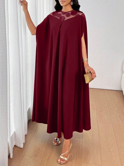 Lady 2025 New Women's Patchwork Round Sequin Mesh Batwing Sleeve Loose Fashion Burgundy Dress New Year Outfit Christmas Women's Clothing