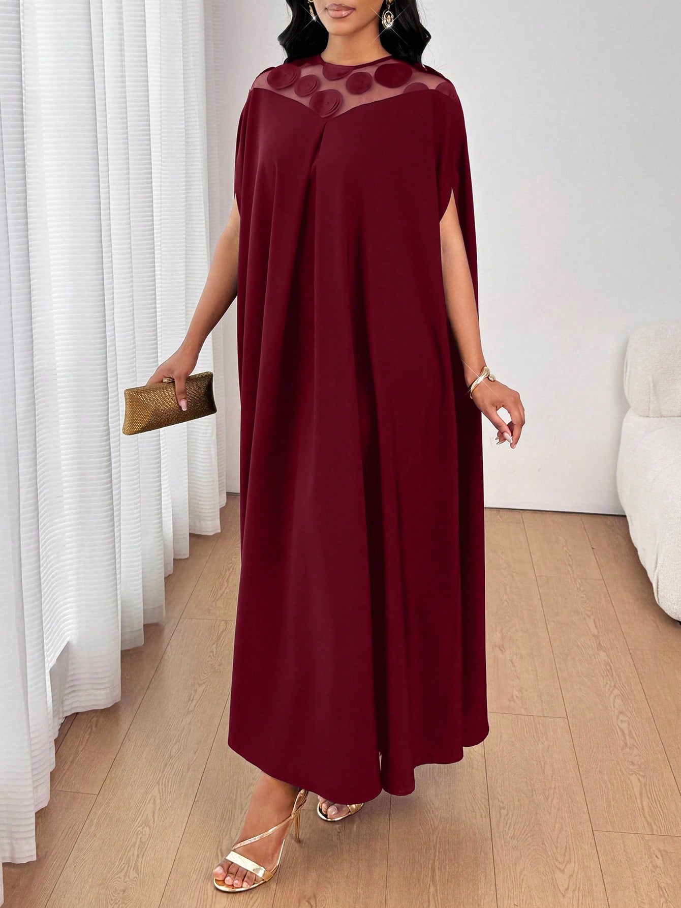 Lady 2025 New Women's Patchwork Round Sequin Mesh Batwing Sleeve Loose Fashion Burgundy Dress New Year Outfit Christmas Women's Clothing