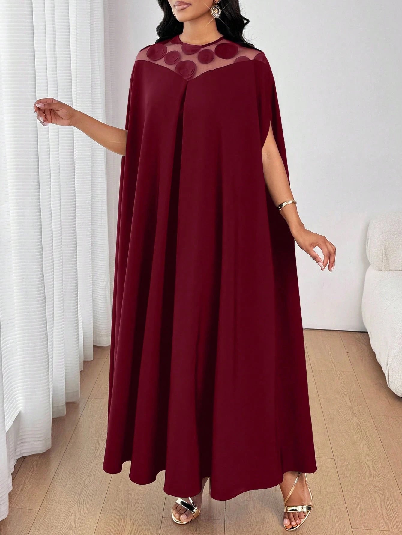 Lady 2025 New Women's Patchwork Round Sequin Mesh Batwing Sleeve Loose Fashion Burgundy Dress New Year Outfit Christmas Women's Clothing
